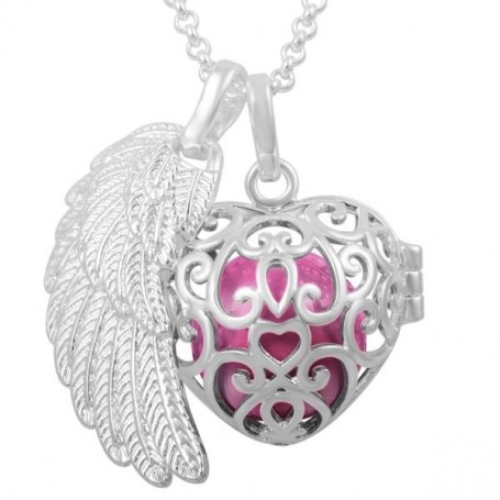 Collier bola de grossesse cage en cœur avec boule rose et aile d’ange