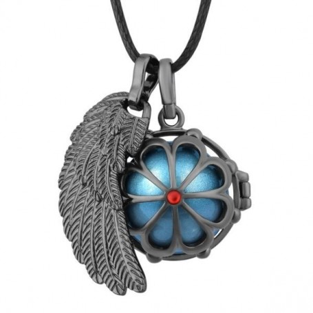 Collier bola de grossesse anthracite fleur et aile d’ange boule bleue