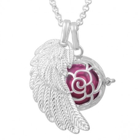 Collier bola de grossesse aile d’ange et bouton de rose avec boule rose