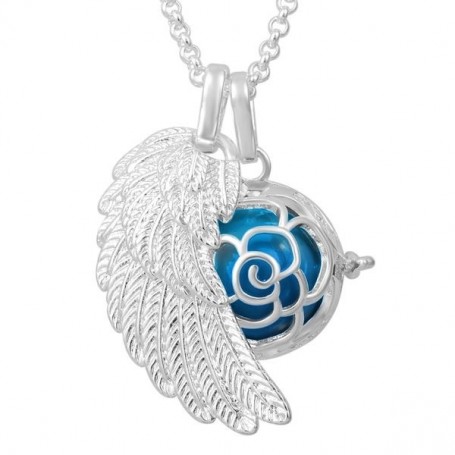 Collier bola de grossesse aile d’ange et bouton de rose avec boule bleue